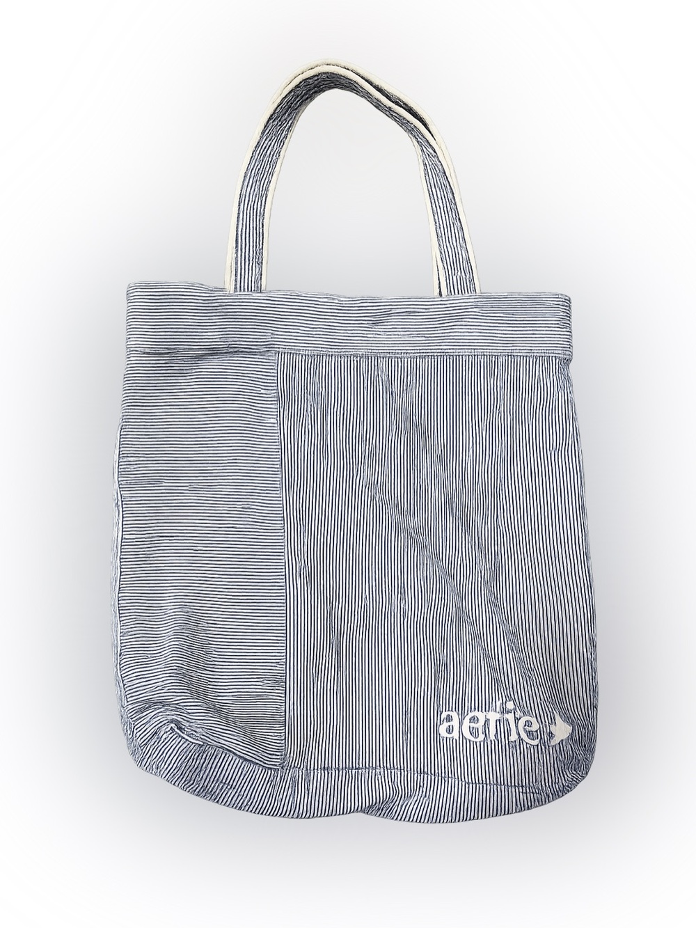 Aerie Striped Canvas Tote Bag Blue White Pocket Casual Beach Shopping Bag